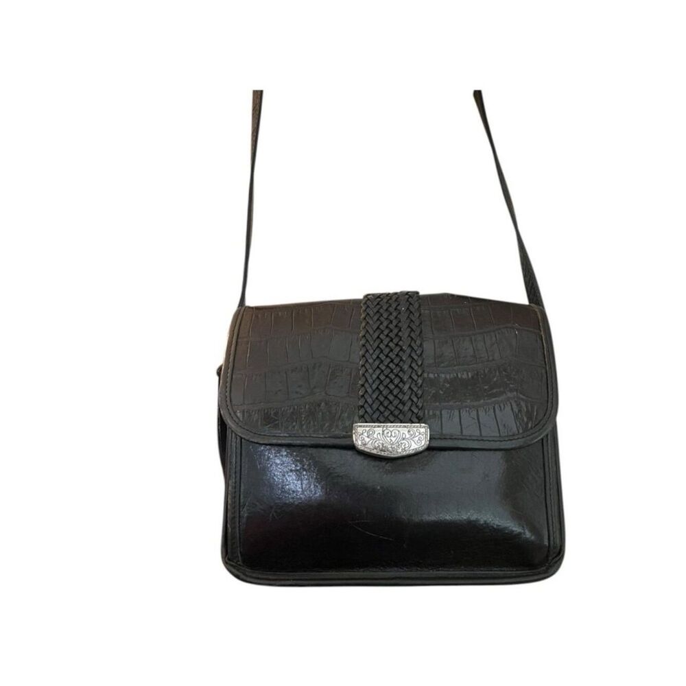 Vtg Brighton Black Leather Croc Embossed Leather Crossbody Organizer Bag Purse